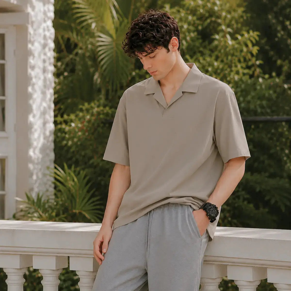 Khaazi men's clothing collection - beige polo shirt and gray pants
