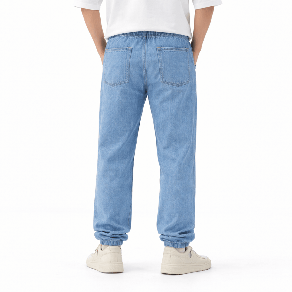 Khaazi Men’s Drawstring Denim Jogger Pants – Scrunched Hem Elastic Streetwear Jeans