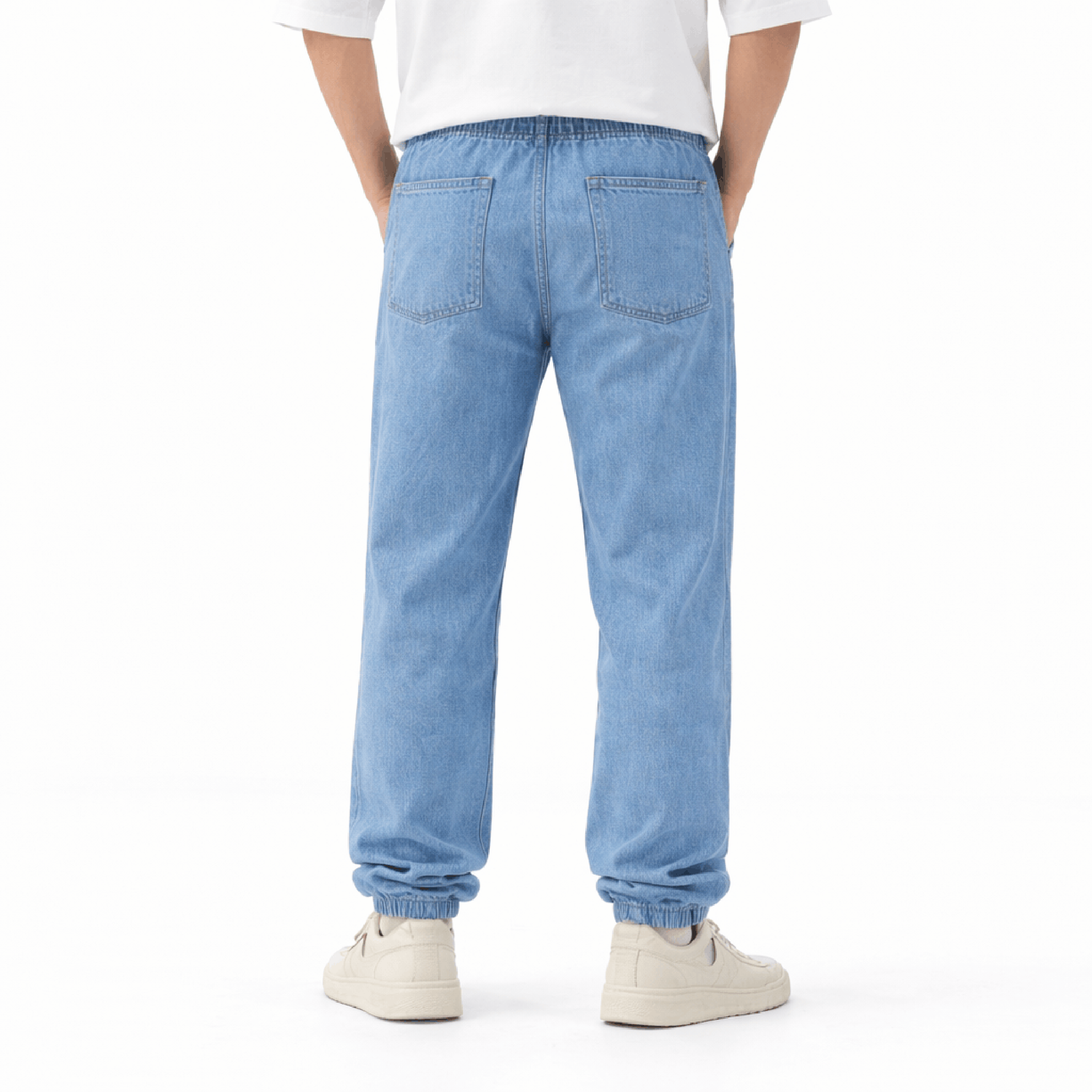 Khaazi Men’s Drawstring Denim Jogger Pants – Scrunched Hem Elastic Streetwear Jeans