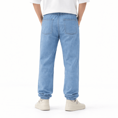 Khaazi Men’s Drawstring Denim Jogger Pants – Scrunched Hem Elastic Streetwear Jeans