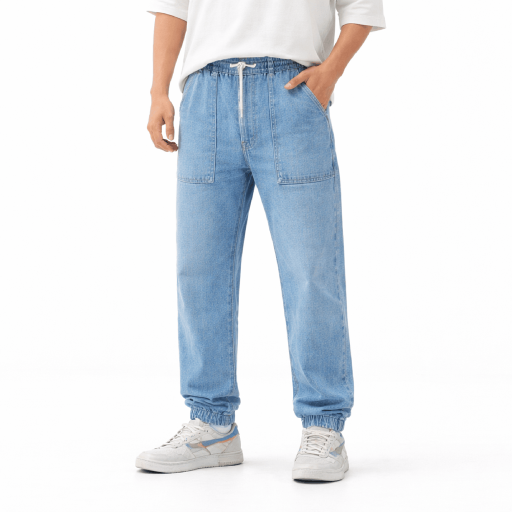 Khaazi Men’s Drawstring Denim Jogger Pants – Scrunched Hem Elastic Streetwear Jeans