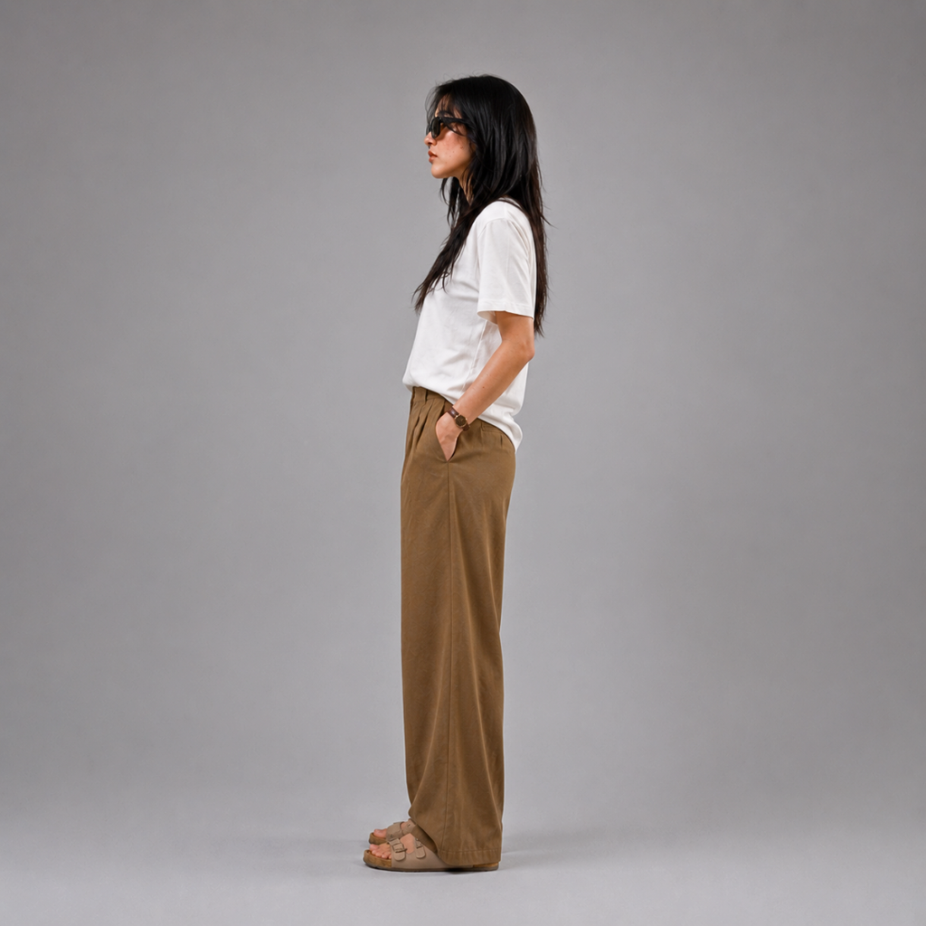 Khaazi women's white crew neck t-shirt with logo print, featuring a relaxed fit and minimalist casual design, styled in a modern studio setting.