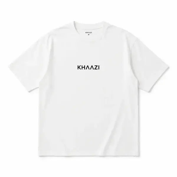 Close-up of white oversized t-shirt with KHAAZI logo print