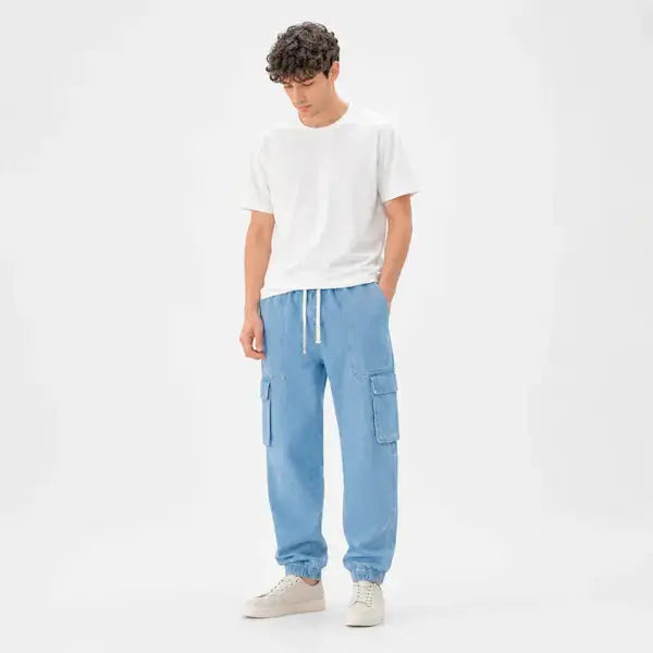 Men's light blue denim cargo trouser with drawstring waist