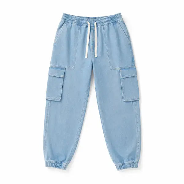 Tapered ankle cargo trouser in light blue denim fabric