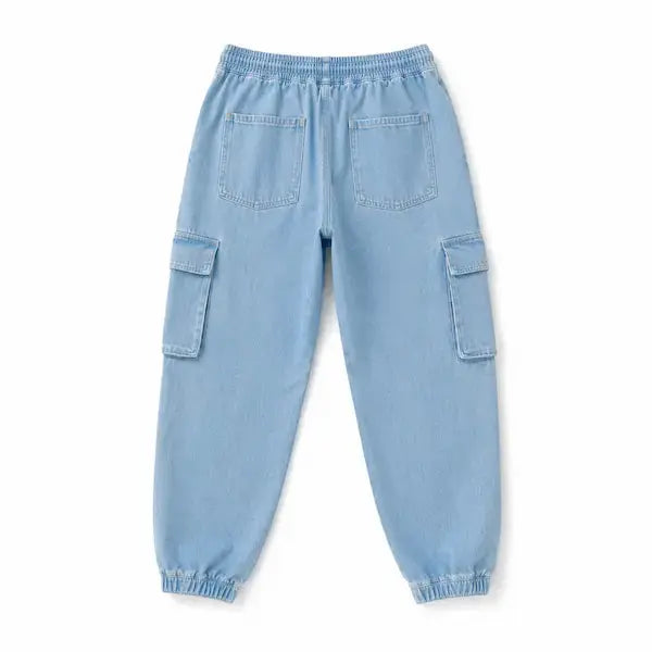 Tapered ankle cargo trouser in light blue denim fabric