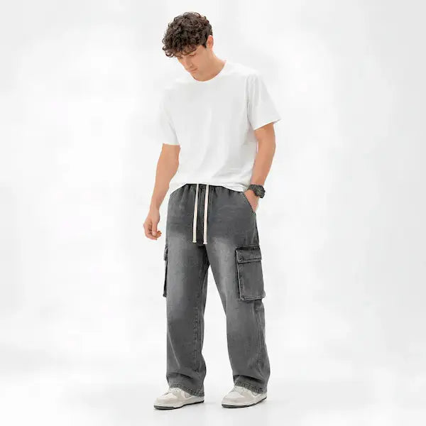 "Denim cargo pants for men Pakistan – relaxed fit grey streetwear jeans"