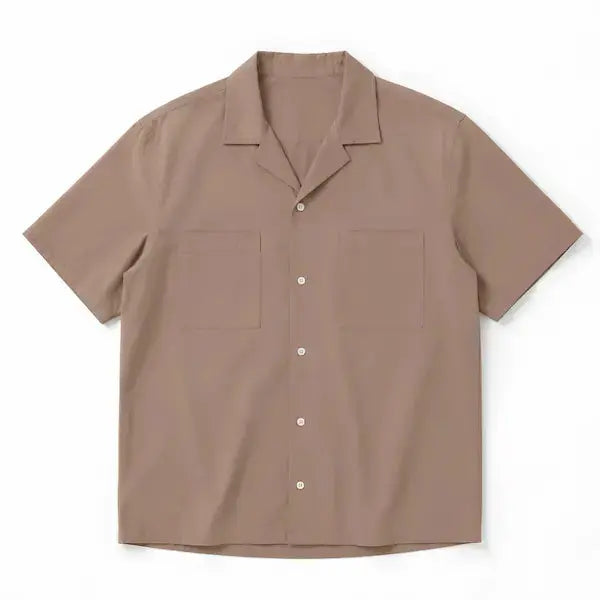  Camp Collar Shirt Men Pakistan – Short Sleeve Shirt – Mushroom Brown – Two Pocket Design – Close-Up View – KHAAZI