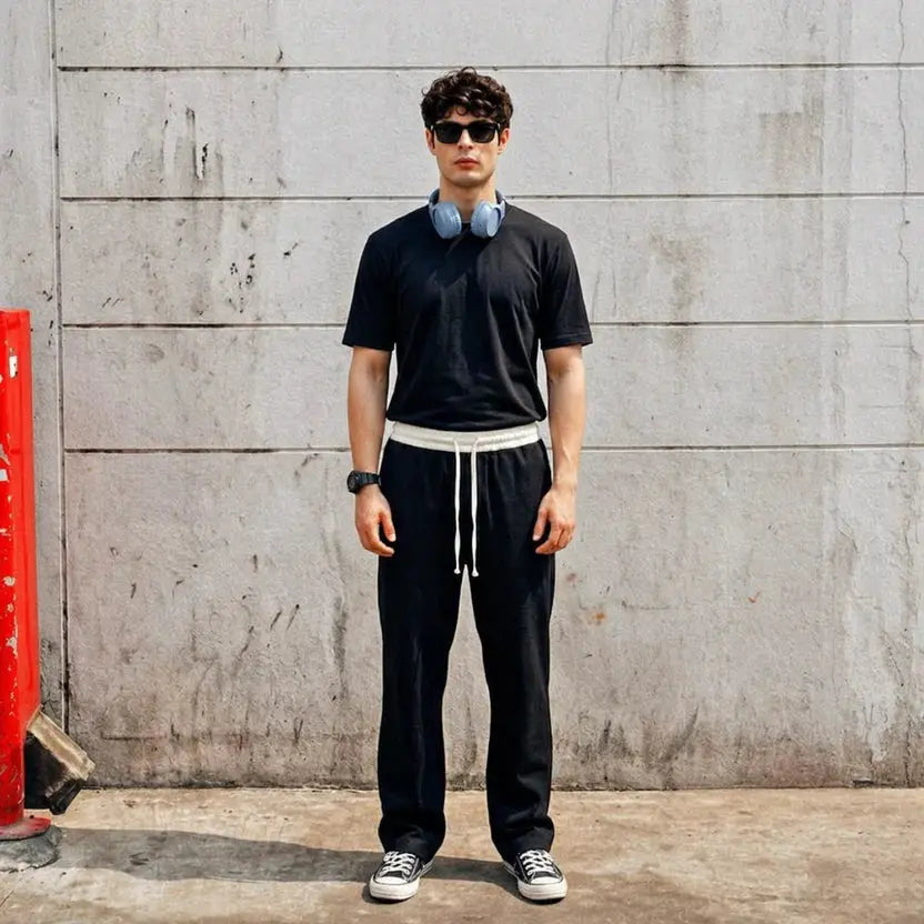 Street Style Co Ord Set for Men – KHAAZI Signature Jet Black Oversized T-Shirt & Wide Leg Trouser Khaazi