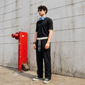 Street Style Co Ord Set for Men – KHAAZI Signature Jet Black Oversized T-Shirt & Wide Leg Trouser Khaazi