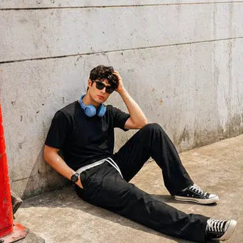 Street Style Co Ord Set for Men – KHAAZI Signature Jet Black Oversized T-Shirt & Wide Leg Trouser Khaazi
