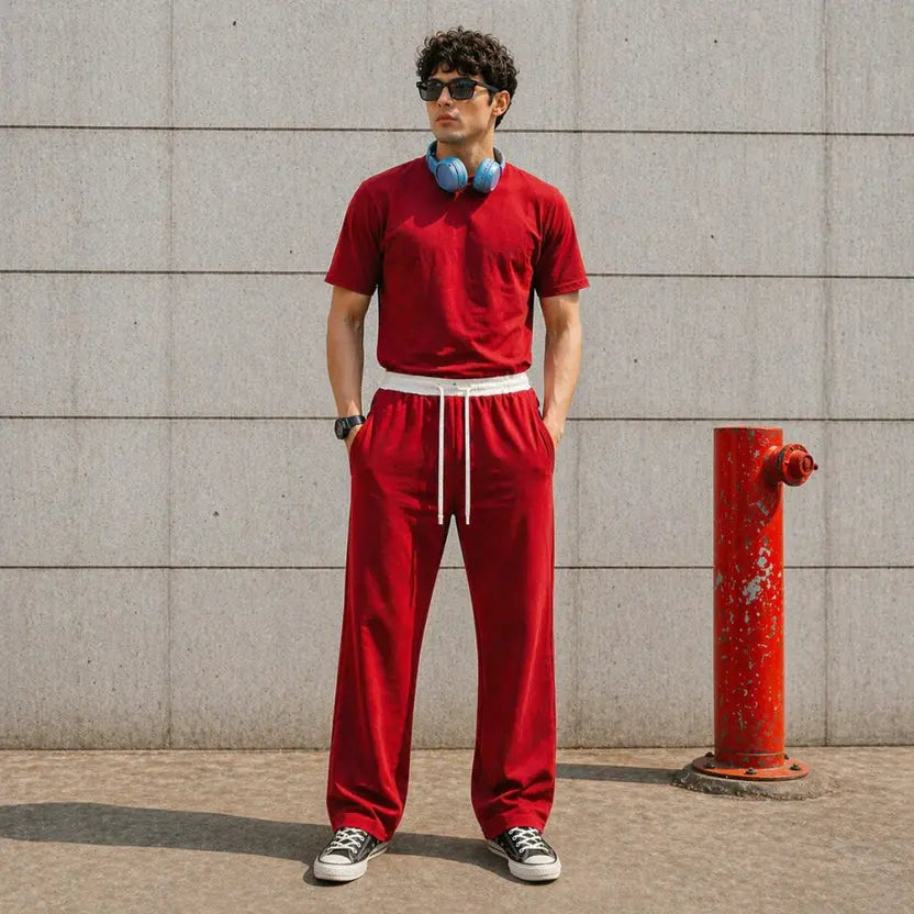 Branded trouser and t shirt in Pakistan – red cotton co-ord set by Khaazi