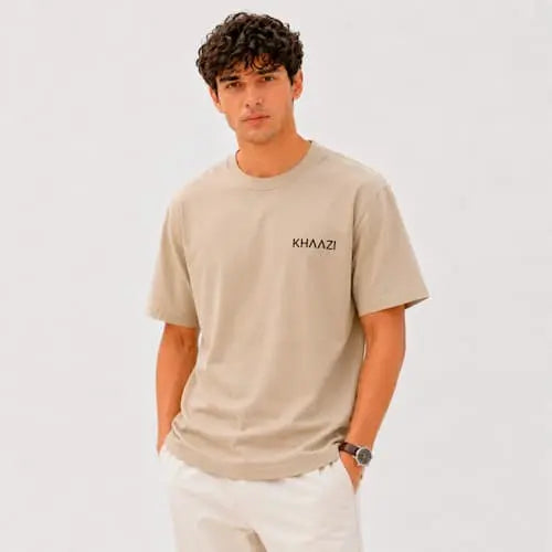 Beige T-Shirt Men Pakistan Oversized Tee Beige Heavyweight Cotton Front View KHAAZI