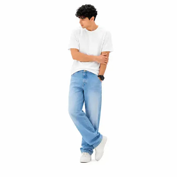 Light wash blue jeans men with straight fit silhouette
