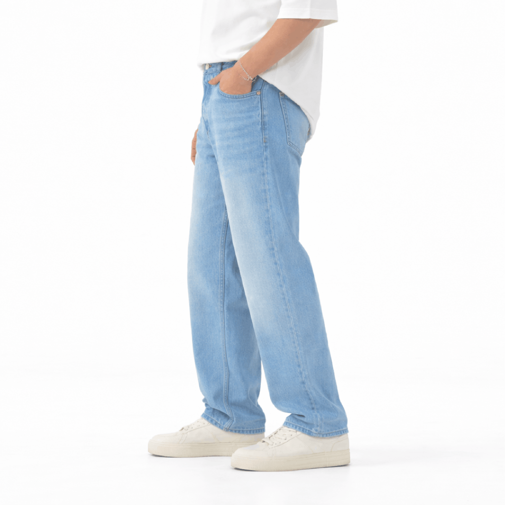 Light wash wide leg denim jeans with a relaxed baggy fit, designed for casual everyday wear and modern streetwear styling.