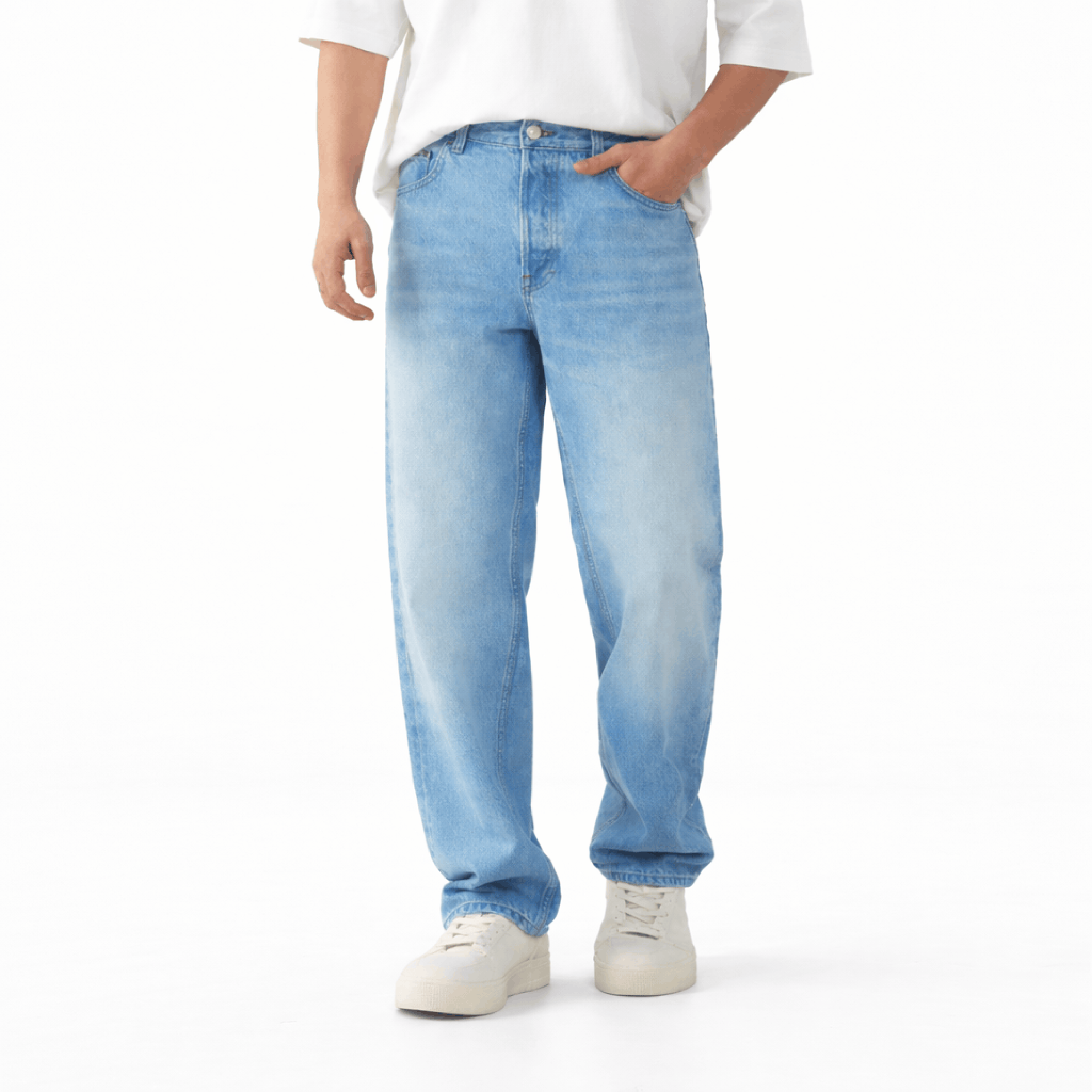 Light wash wide leg denim jeans with a relaxed baggy fit, designed for casual everyday wear and modern streetwear styling.