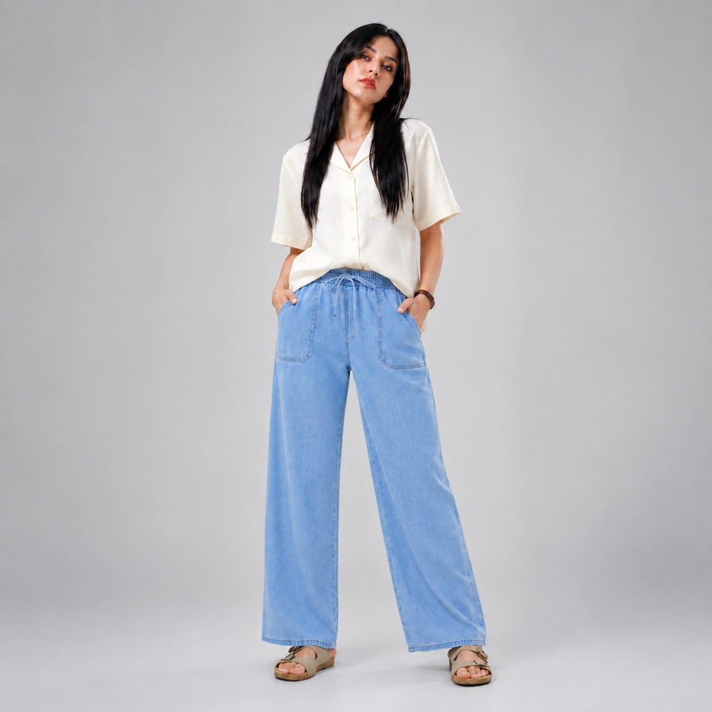 Women's light wash wide leg denim jeans with elastic drawstring waist, relaxed baggy fit, front patch pockets, and lightweight comfortable fabric, modeled in a casual fashion studio setting by Khaazi.