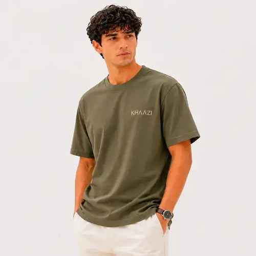 Streetwear T-Shirt Pakistan T-Shirt Olive Green Oversized Front View KHAAZI