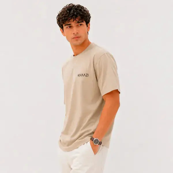 Beige T-Shirt Men Pakistan Oversized Tee Beige Soft Cotton Fabric Side View KHAAZI