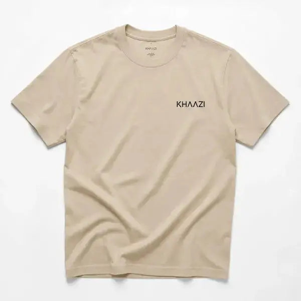 Beige T-Shirt Men Pakistan Oversized Tee Beige Boxy Fit Close-Up View KHAAZI