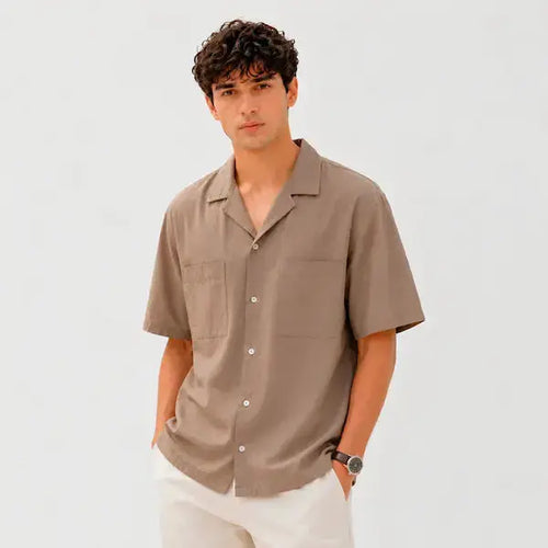 Camp Collar Shirt Men Pakistan – Short Sleeve Shirt – Mushroom Brown – Relaxed Fit – Front View – KHAAZI