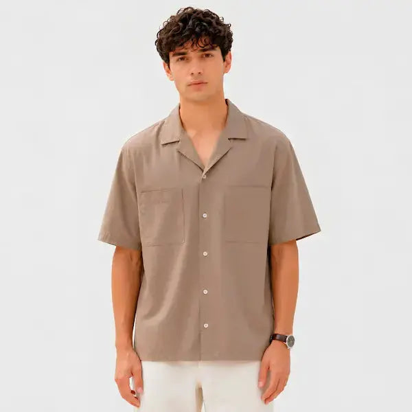 Camp Collar Shirt Men Pakistan – Short Sleeve Shirt – Mushroom Brown – Relaxed Fit – Front View – KHAAZI