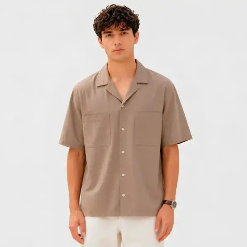 Camp Collar Shirt Men Pakistan – Short Sleeve Shirt – Mushroom Brown – Relaxed Fit – Front View – KHAAZI