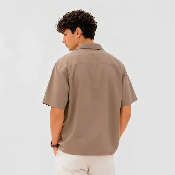 Camp Collar Shirt Men Pakistan – Short Sleeve Shirt – Mushroom Brown – Open Collar Detail – Side View – KHAAZI