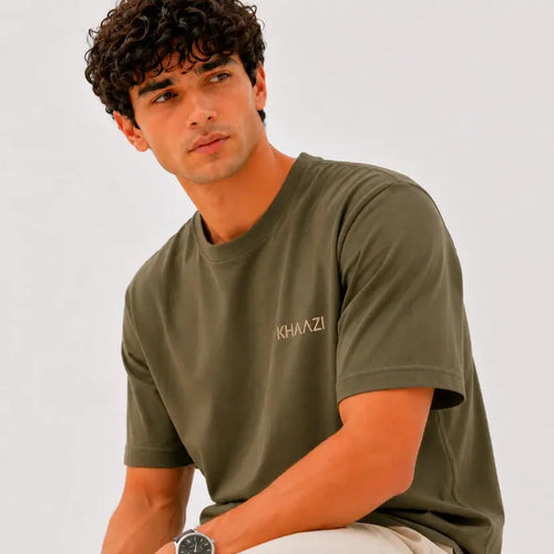 Streetwear T-Shirt Pakistan T-Shirt Olive Green Oversized Left Side View KHAAZI