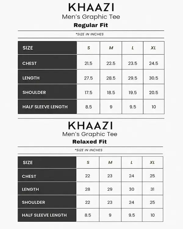 Close-up of white oversized t-shirt with KHAAZI Size Chart