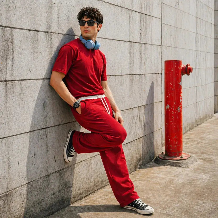 Men's red co-ord set – branded trouser and t shirt in Pakistan by Khaazi