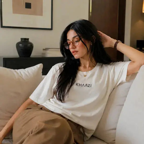 Women's oversized t-shirt in white, relaxed casual fit by KHAAZI